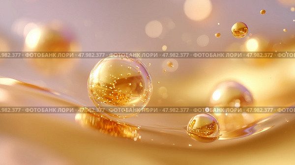 Droplets of golden liquid glisten on a smooth surface with soft, blurred background. Стоковое AI-изображение, AI-художник Сергей Толмачёв / Фотобанк Лори