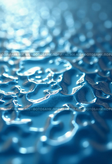 Droplets of water glisten on corrugated glass, creating mesmerizing reflections and patterns that evoke tranquility and curiosity in soft blue tones Generative AI. Стоковое AI-изображение, AI-художник Юлия Петровская / Фотобанк Лори
