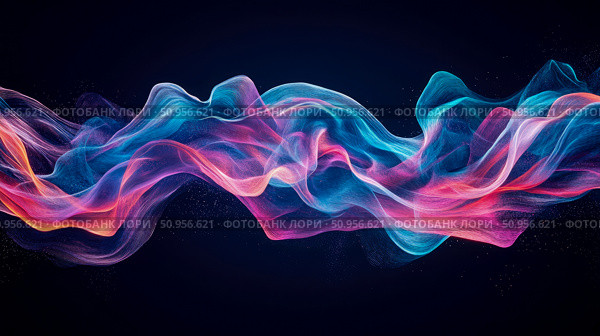 Dynamic abstract flowing light waves with vibrant gradients on a dark abyss, ideal for modern digital artwork, poster, or futuristic banner concept. Стоковое AI-изображение, AI-художник Данила Большаков / Фотобанк Лори
