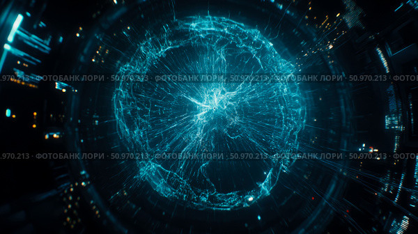 Dynamic abstract representation of a glowing blue energy core within a dark, interconnected digital network, symbolizing data, AI, or advanced technology and connectivity. Стоковое AI-изображение, AI-художник Данила Большаков / Фотобанк Лори