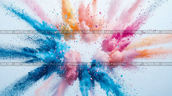 Dynamic Explosion of Vibrant Pigment Powders Radiating from Center, Ideal for Festive Occasions, Abstract Art, or Expressive Advertising. Стоковое AI-изображение, AI-художник Данила Большаков / Фотобанк Лори