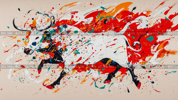 Dynamic Expressionist Painting of a Rushing Bull, Rendered in Bold Splashes of Color on Textured Canvas. Стоковое AI-изображение, AI-художник Данила Большаков / Фотобанк Лори