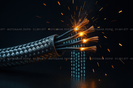 Dynamic Fusion of Electrical Cables and Digital Data Representations Highlighting Innovation in Technology and Wiring Processes. Стоковое AI-изображение, AI-художник Башкирова Анна / Фотобанк Лори