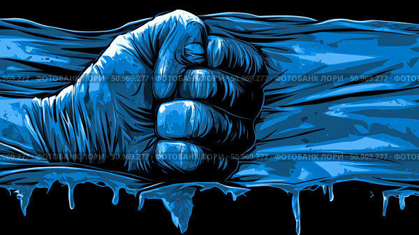 Dynamic illustration of a colossal blue fist forcefully gripping and tearing through a vibrant liquid or fabric, creating powerful ripples and icy drips below. Стоковое AI-изображение, AI-художник Данила Большаков / Фотобанк Лори