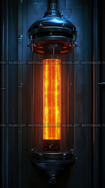 Dynamic Illustration of a Sci-Fi Power Source: A Vibrant Orange Plasma Core Contained Within a High-Tech Glass Reactor, Emitting Radiant Energy. Стоковое AI-изображение, AI-художник Данила Большаков / Фотобанк Лори