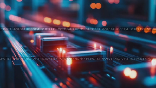 Dynamic industrial automation sequence featuring luminous electronic units advancing along a modern assembly line. Стоковое AI-видео, аниматор Данила Большаков / Фотобанк Лори