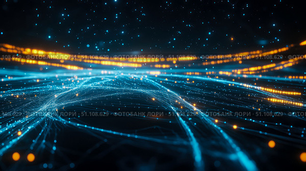 Dynamic Interconnected Digital Pathways Illuminating Futuristic Landscape of Data Flow and Network Connectivity. Стоковое AI-изображение, AI-художник Данила Большаков / Фотобанк Лори