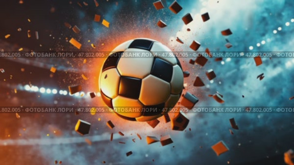 Dynamic soccer ball collision amidst fiery debris in actionpacked arena. Стоковое AI-видео, аниматор Sabyna75 / Фотобанк Лори