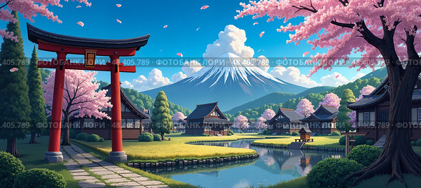 Eaceful Japanese village featuring wooden houses, blooming sakuraP , hanami, red torii gate  , calm pond, distant Mount Fuji, manicured gardens, and tranquil spring atmosphere in rural Japan. Стоковое AI-изображение, AI-художник Андрей Ка / Фотобанк Лори