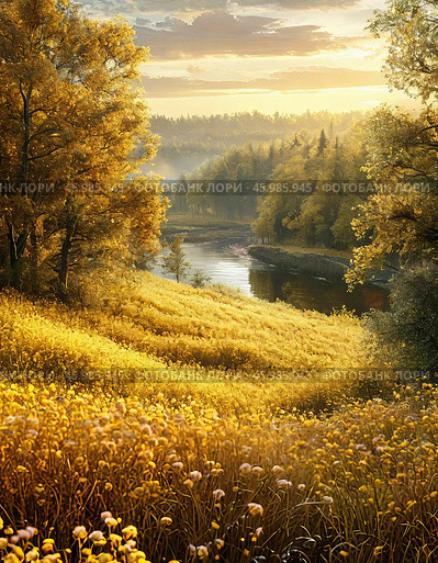 Early summer morning, sunrise. Forest landscape. Стоковое AI-изображение, AI-художник Сергей Елизарьев / Фотобанк Лори