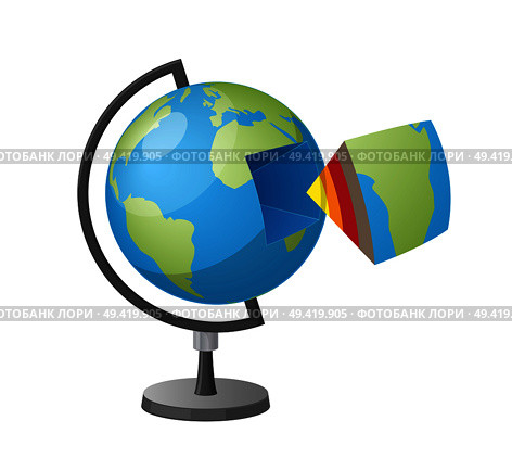 Earth cutaway isolated vector illustration on white background. Cartoon style school geographical globe. Three-dimensional model of planet. Earth Cutaway Isolated Cartoon Style Illustration. Стоковая иллюстрация, агентство Ingram Publishing / Фотобанк Лори