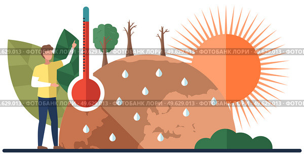 Earth global warming poster. Dried, hot, sweaty and red planet globe. Man points to thermometer measuring temperature of air and water on planet. Saving Earth and environmental care concept. Man points to thermometer measuring temperature of air on planet. Earth global warming poster. Стоковая иллюстрация, агентство Ingram Publishing / Фотобанк Лори