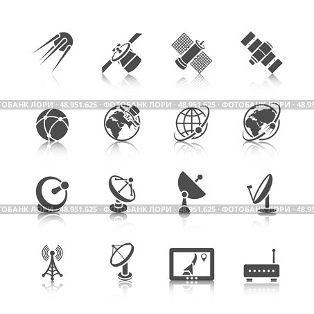 Earth orbit space station and satellite dish digital receiver communication icons set black abstract isolated vector illustration. Стоковая иллюстрация, агентство Ingram Publishing / Фотобанк Лори