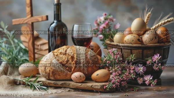 Easter bread, wine and eggs celebrating resurrection of jesus. Стоковое AI-видео, аниматор Юрий Поздников / Фотобанк Лори