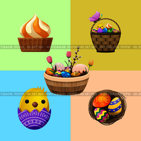 Easter festive flyer. Wicker basket with painted eggs, paschal bread, little chicken in eggshell, cupcake, tulips an pussy willow vector. Easter holiday attributes illustrations for greeting cards. Easter Concept with Holiday Attributes Vector. Стоковая иллюстрация, агентство Ingram Publishing / Фотобанк Лори