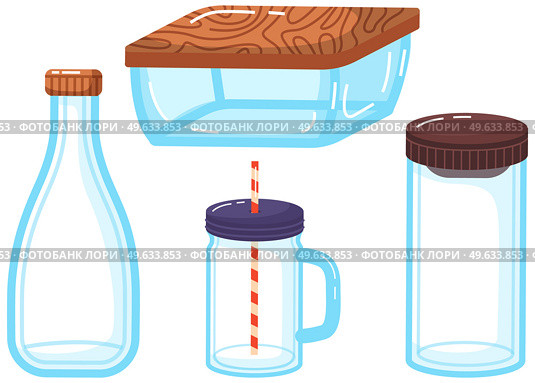 Eco friendly glass packaging, set of containers jars, bottles and boxes for storing food and liquids with lids on white. Zero waste concept. Food container. Reusable tableware, utensils are recyclable. Eco friendly glass packaging, set of containers jars, bottles and boxes for storing food and liquids. Стоковая иллюстрация, агентство Ingram Publishing / Фотобанк Лори