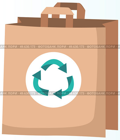 Ecological bag with recycling symbol. Eco-friendly container for carrying items vector illustration. Recyclable paper bag with handles. Recycled shopper made of paper isolated on white background. Ecological bag with recycling symbol. Recycled shopper made of paper isolated on white background. Стоковая иллюстрация, агентство Ingram Publishing / Фотобанк Лори