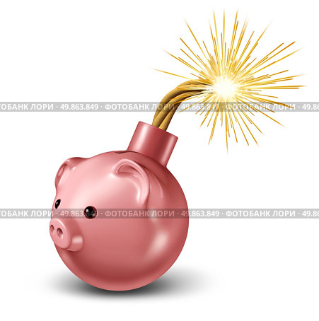 Economic bomb with a piggy bank in the shape of an iconic bomb with a lit fuse ready to explode into financial and business disaster and savings debt problems caused by overspending and bad budgeting of finances. Стоковое фото, агентство Ingram Publishing / Фотобанк Лори