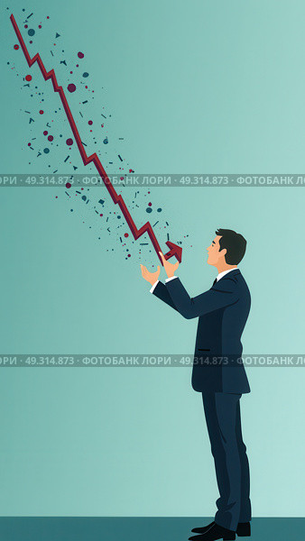 Economic collapse concept, businessman with falling financial graph chart due to global recession. Stock market crash, inflation, financial crisis, Falling income in GDP, capital return. Стоковое AI-изображение, AI-художник Sergey Grishin / Фотобанк Лори