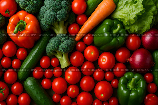 Edible colorful background of freshly picked vegetables: pumpkin, cucumbers, zucchini, potatoes, carrots, broccoli, tomatoes, red onions and peppers. Healthy organic vitamin food for vegans and vegetarians. Стоковое AI-изображение, AI-художник Iva Noel / Фотобанк Лори