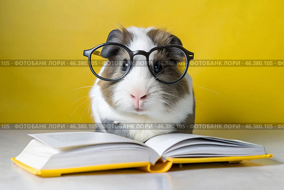 Education and reading. A funny little guinea pig in round glasses reads a book on a yellow background. Стоковое AI-изображение, AI-художник Photojuli / Фотобанк Лори