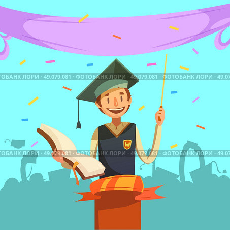 Education retro cartoon. Education retro cartoon with happy graduating pupil holding open textbook vector illustration. Стоковая иллюстрация, агентство Ingram Publishing / Фотобанк Лори