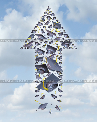 Education success as a group of graduation hats thrown up to the sky shaped as an upward arrow as a career launch with a traditional hat toss for the graduate university and college students as a concept of opportunity. Стоковое фото, агентство Ingram Publishing / Фотобанк Лори