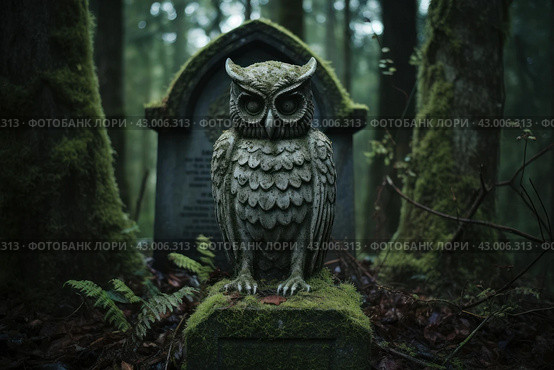Eerie Owl on cemetery gravestone in darkness. Generate ai. Стоковое AI-изображение, AI-художник Иван Рябоконь / Фотобанк Лори