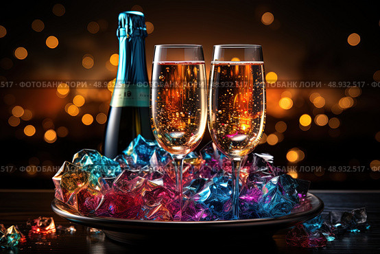 Effervescent Elegance: Two glasses of champagne glisten in the foreground as an exquisite bottle of champagne stands tall in the background, evoking a sense of celebratory elegance and joyous anticipation. Стоковое AI-изображение, AI-художник Данила Большаков / Фотобанк Лори