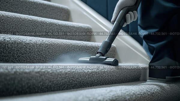 Efficient cleaning of carpeted stairs using a vacuum cleaner in a modern home setting on a sunny afternoon. Стоковое AI-изображение, AI-художник Сергей Толмачёв / Фотобанк Лори