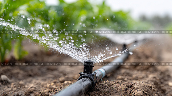 Efficient irrigation system nourishes crops on a farm during daytime. Стоковое AI-изображение, AI-художник Katsiaryna Repich / Фотобанк Лори