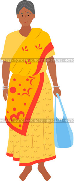 Elderly cartoon style Indian woman in traditional clothes holds bag in hand isolated on white background. Female character dressed in costume sari stands at full height. Fashion lady, asian person. Elderly cartoon style Indian woman in traditional clothes. Female character dressed in costume sari. Стоковая иллюстрация, агентство Ingram Publishing / Фотобанк Лори