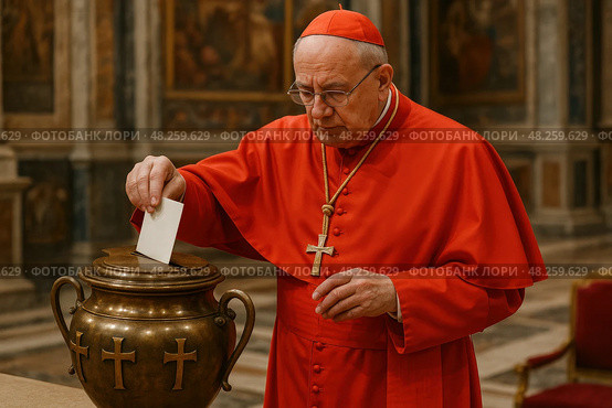 Elderly caucasian cardinal voting in catholic ceremony at church altar. Стоковое AI-изображение, AI-художник Башкирова Анна / Фотобанк Лори
