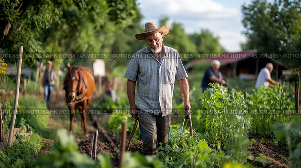 Elderly farmer works in a lush garden while others tend crops and a horse walks nearby under a clear sky. Стоковое AI-изображение, AI-художник Сергей Толмачёв / Фотобанк Лори
