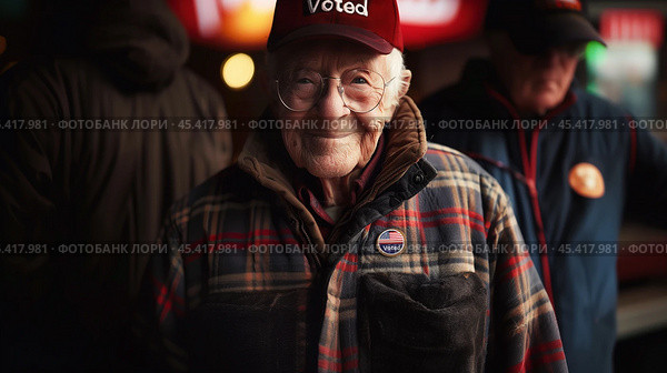 Elderly man with "Voted" badge. Election Day concept. Стоковое AI-изображение, AI-художник Решат Алиев / Фотобанк Лори