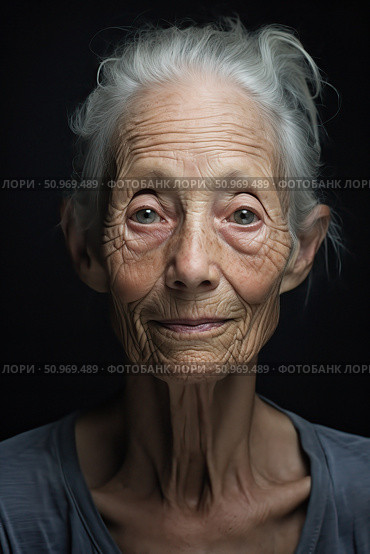 Elderly woman facing the challenges of Alzheimer's disease with grace and dignity in a serene indoor setting. Стоковое AI-изображение, AI-художник Екатерина Красникова / Фотобанк Лори