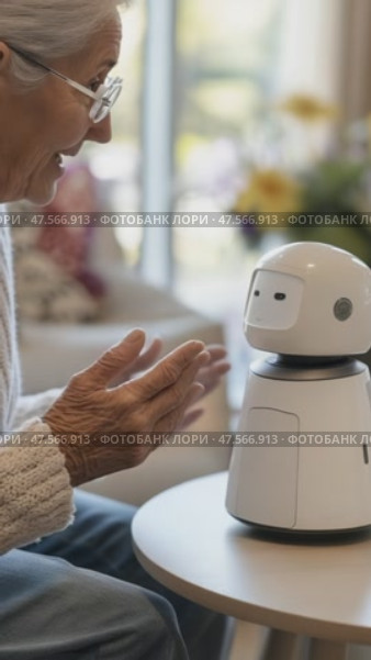 Elderly woman interacting with a robot companion at home. Стоковое AI-видео, аниматор Юрий Поздников / Фотобанк Лори