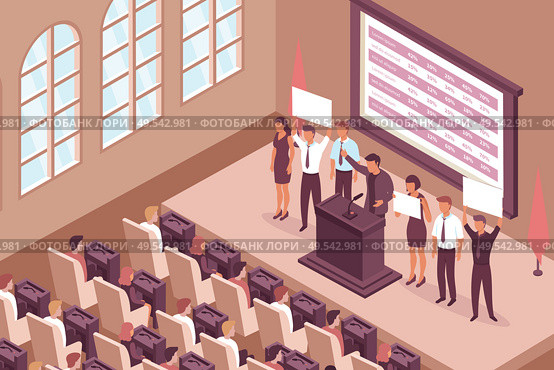 Election campaign isometric composition with indoor view of chamber hall with windows deputy seats and stage vector illustration. Стоковая иллюстрация, агентство Ingram Publishing / Фотобанк Лори