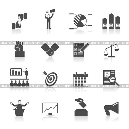 Election Icons Set. Politic icons set with election symbol voting diagram in black and white vector illustration . Стоковая иллюстрация, агентство Ingram Publishing / Фотобанк Лори