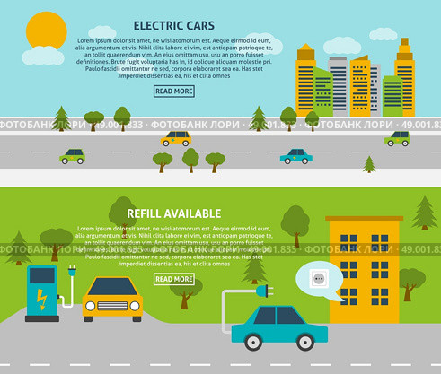 Electric Car Banner Set . Electric car and refill available or charging station flat color horizontal banner set isolated vector illustration. Стоковая иллюстрация, агентство Ingram Publishing / Фотобанк Лори