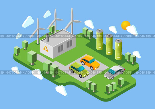 Electric cars charging station isometric banner. Electric cars public charging station isometric banner with green energy facilities and battery swaps abstract vector illustration. Стоковая иллюстрация, агентство Ingram Publishing / Фотобанк Лори