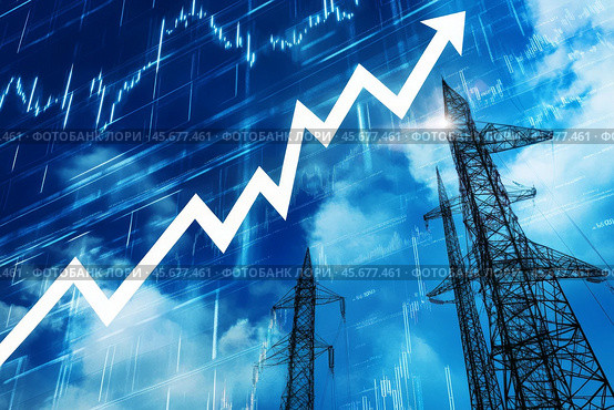 Electric grid with growing arrow up graph. Rising price of energy, sources. Growth chart pointing upwards. Pylons and transmission. Power lines, major electricity substation. High voltage towers, sky. Стоковое AI-изображение, AI-художник Марина Демидюк / Фотобанк Лори