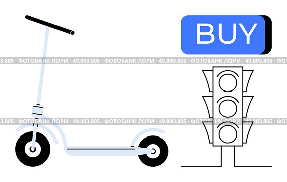 Electric scooter beside a traffic light and a blue BUY button suggesting market purchase action. Ideal for urban mobility, transportation, online shopping, eco-friendly commuting, modern lifestyle. Electric Scooter Next to Traffic Light and Blue BUY Button in Minimalistic Digital Art Style. Стоковая иллюстрация, агентство Ingram Publishing / Фотобанк Лори