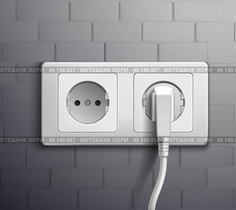Electric Socket Cabel Plugged. Realistic white plastic panel with socket and single round and double rectangular switches on grey wall vector illustration. Стоковая иллюстрация, агентство Ingram Publishing / Фотобанк Лори