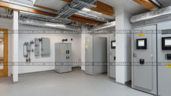 Electrical room showing control panels and cabinets. Стоковое AI-видео, аниматор Юрий Поздников / Фотобанк Лори