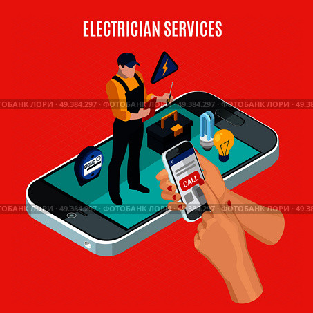 Electricity isometric red composition with electrician services description and call a professional electrician via smartphone vector illustration. Electricity Isometric Red Composition. Стоковая иллюстрация, агентство Ingram Publishing / Фотобанк Лори