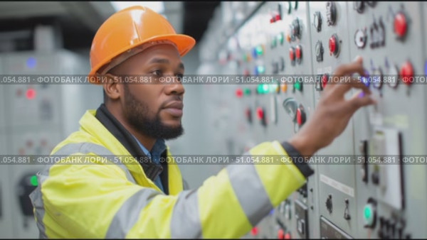 Electricity technician operates control panel in modern facility during day shift at industrial site. Стоковое AI-видео, аниматор Сергей Толмачёв / Фотобанк Лори