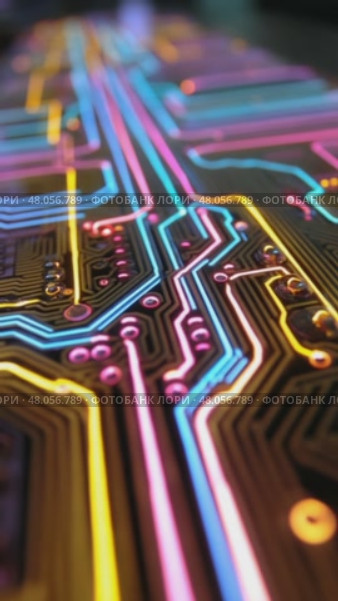 Electronic circuit board with glowing tracks and components. Стоковое AI-видео, аниматор Юрий Поздников / Фотобанк Лори