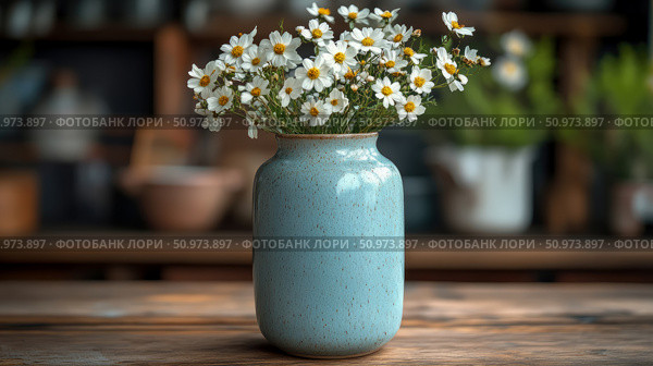 Elegant Blue Vase with White Daisies on Wooden Table. Стоковое AI-изображение, AI-художник Данила Большаков / Фотобанк Лори