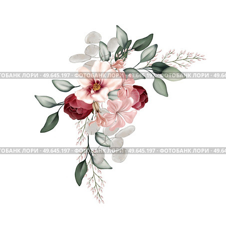 Elegant bouquet with peonies, roses and eucalyptus leaves. Illustration. Elegant bouquet with peonies, roses and eucalyptus leaves. Стоковое фото, агентство Ingram Publishing / Фотобанк Лори